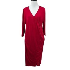 Catherines Faux Wrap Ruched Side V Neck Red Shift Dress Womens 1XWP